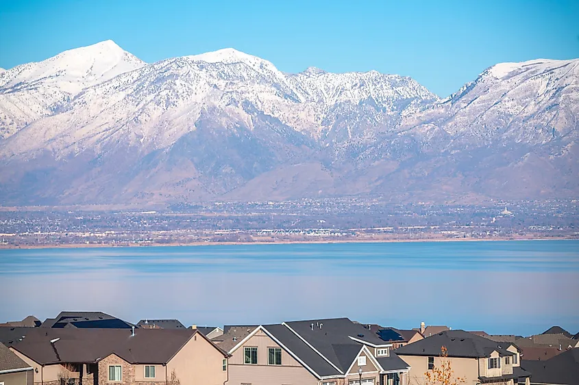 Picturesque view of Utah Lake behind the town.