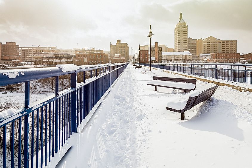 Snowy benches in Rochester, New York.