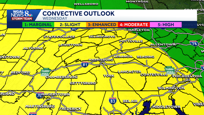 A strong cold front could spark strong to severe thunderstorms Wednesday afternoon into evening across South-Central Pennsylvania, with the greatest threat from about 1 p.m. to 9 p.m.