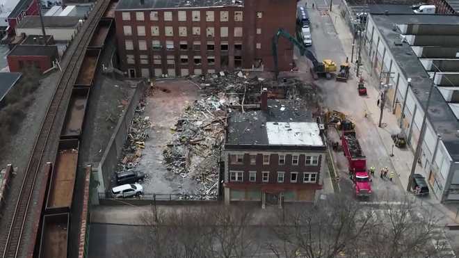 Drone video shows devastation at scene of candy factory explosion in West Reading, Pa.