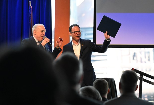 Gov. Josh Shapiro speaks during Lehigh Valley Economic Development Corp.'s annual meeting Tuesday, March 17, 2026, at SteelStacks in Bethlehem. (Amy Shortell/The Morning Call)