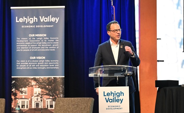 Gov. Josh Shapiro speaks during Lehigh Valley Economic Development Corp.'s annual meeting Tuesday, March 17, 2026, at SteelStacks in Bethlehem. (Amy Shortell/The Morning Call)