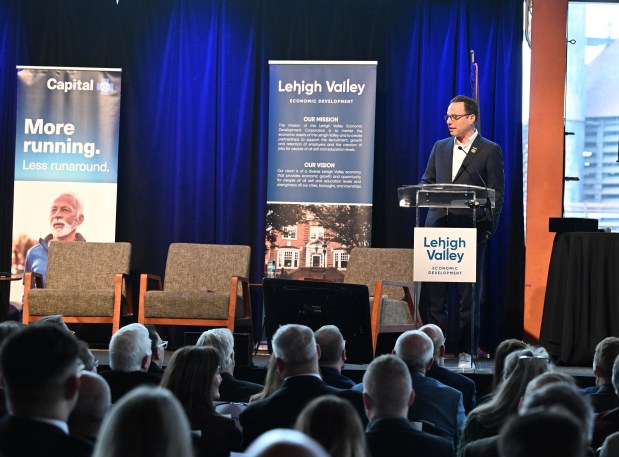 Gov. Josh Shapiro speaks during Lehigh Valley Economic Development Corp.'s annual meeting Tuesday, March 17, 2026, at SteelStacks in Bethlehem. (Amy Shortell/The Morning Call)