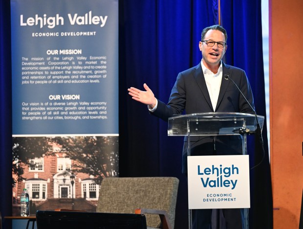 Gov. Josh Shapiro speaks during Lehigh Valley Economic Development Corp.'s annual meeting Tuesday, March 17, 2026, at SteelStacks in Bethlehem. (Amy Shortell/The Morning Call)