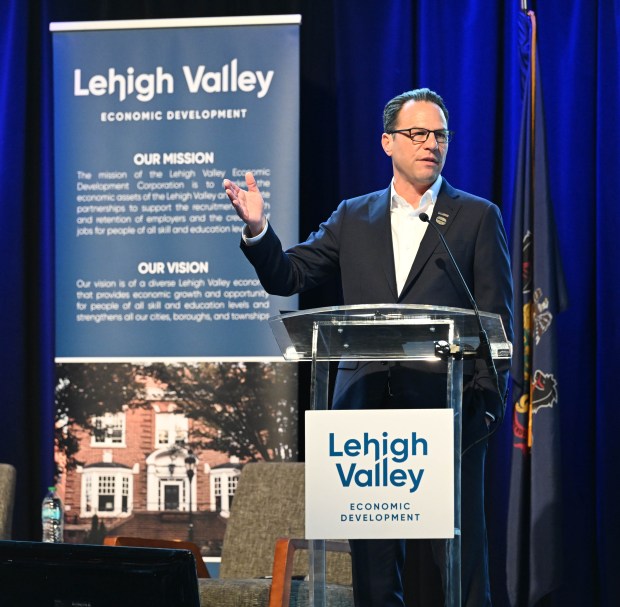 Gov. Josh Shapiro speaks during Lehigh Valley Economic Development Corp.'s annual meeting Tuesday, March 17, 2026, at SteelStacks in Bethlehem. (Amy Shortell/The Morning Call)
