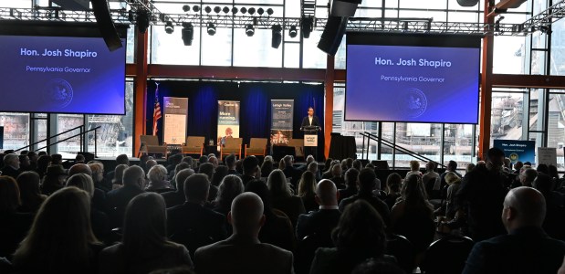 Gov. Josh Shapiro speaks during Lehigh Valley Economic Development Corp.'s annual meeting Tuesday, March 17, 2026, at SteelStacks in Bethlehem. (Amy Shortell/The Morning Call)