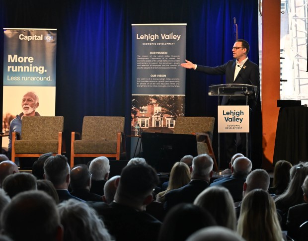 Gov. Josh Shapiro speaks during Lehigh Valley Economic Development Corp.'s annual meeting Tuesday, March 17, 2026, at SteelStacks in Bethlehem. (Amy Shortell/The Morning Call)