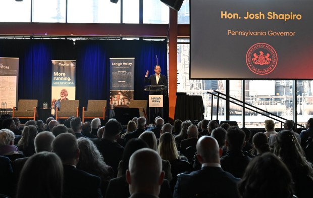 Gov. Josh Shapiro speaks during Lehigh Valley Economic Development Corp.'s annual meeting Tuesday, March 17, 2026, at SteelStacks in Bethlehem. (Amy Shortell/The Morning Call)