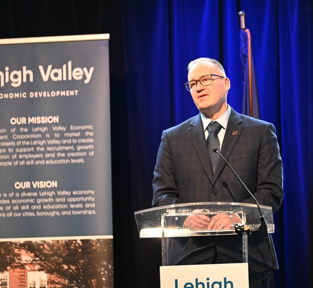 Daniel VonDielingen, Eli Lilly's Senior Vice President-Global Parenteral Network Expansion speaks during Lehigh Valley Economic Development Corp.'s annual meeting Tuesday, March 17, 2026, at SteelStacks in Bethlehem. (Amy Shortell/The Morning Call)