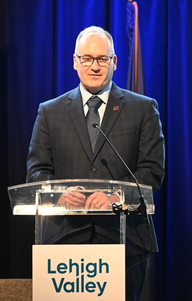 Daniel VonDielingen, Eli Lilly's Senior Vice President-Global Parenteral Network Expansion speaks during Lehigh Valley Economic Development Corp.'s annual meeting Tuesday, March 17, 2026, at SteelStacks in Bethlehem. (Amy Shortell/The Morning Call)