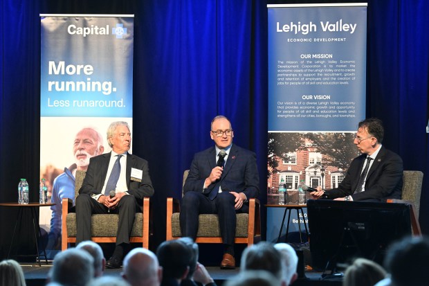Daniel VonDielingen, Eli Lilly's Senior Vice President-Global Parenteral Network Expansion, center, speaks during Lehigh Valley Economic Development Corp.'s annual meeting Tuesday, March 17, 2026, at SteelStacks in Bethlehem. (Amy Shortell/The Morning Call)