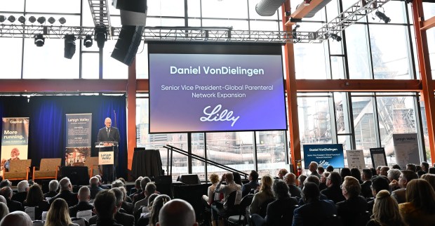 Daniel VonDielingen, Eli Lilly's Senior Vice President-Global Parenteral Network Expansion speaks during Lehigh Valley Economic Development Corp.'s annual meeting Tuesday, March 17, 2026, at SteelStacks in Bethlehem. (Amy Shortell/The Morning Call)