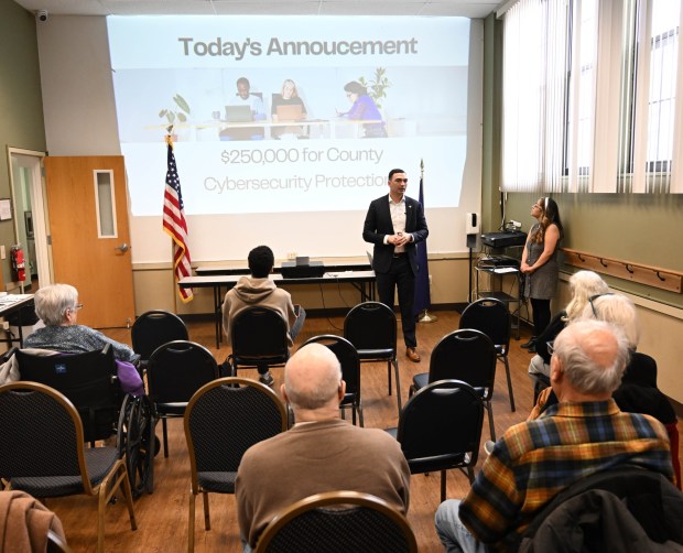 State Sen. Nick Miller, D-Lehigh, discuses cybersecurity threats Thursday, March 19, 2026, at Lehigh Valley Active Life in Allentown. He focused on cybersecurity threats affecting the Lehigh Valley, particularly seniors, and discussed a $250,000 grant to help Lehigh and Northampton counties enhance their cybersecurity infrastructure through a partnership with Concurrent Technologies Corp. (Amy Shortell/The Morning Call)