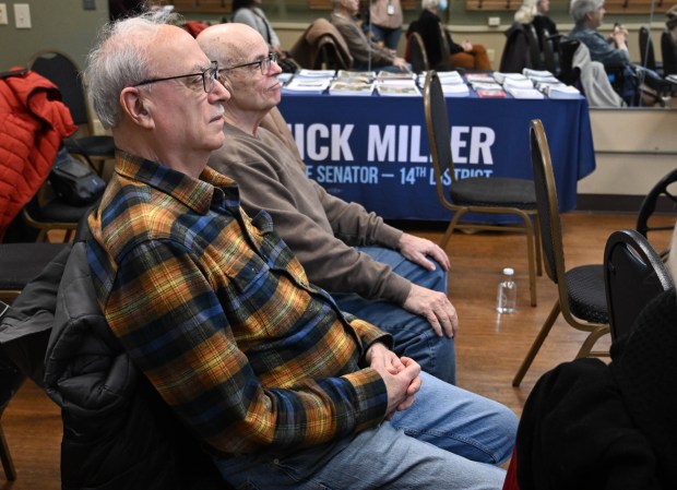 An audience listens as state Sen. Nick Miller, D-Lehigh, discuses cybersecurity threats Thursday, March 19, 2026, at Lehigh Valley Active Life in Allentown. He focused on cybersecurity threats affecting the Lehigh Valley, particularly seniors, and discussed a $250,000 grant to help Lehigh and Northampton counties enhance their cybersecurity infrastructure through a partnership with Concurrent Technologies Corp. (Amy Shortell/The Morning Call)