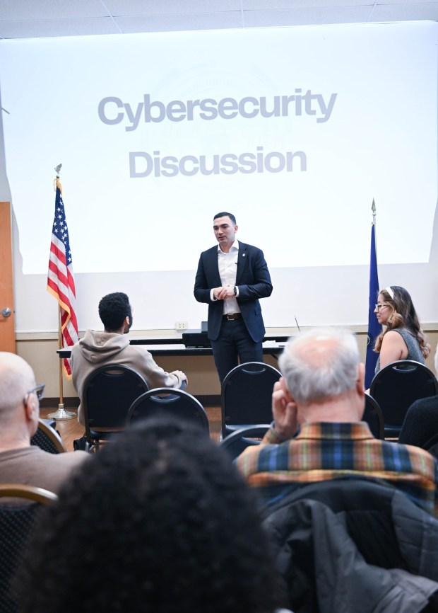 State Sen. Nick Miller, D-Lehigh, discuses cybersecurity threats Thursday, March 19, 2026, at Lehigh Valley Active Life in Allentown. He focused on cybersecurity threats affecting the Lehigh Valley, particularly seniors, and discussed a $250,000 grant to help Lehigh and Northampton counties enhance their cybersecurity infrastructure through a partnership with Concurrent Technologies Corp. (Amy Shortell/The Morning Call)