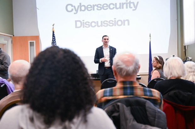 State Sen. Nick Miller, D-Lehigh, discuses cybersecurity threats Thursday, March 19, 2026, at Lehigh Valley Active Life in Allentown. He focused on cybersecurity threats affecting the Lehigh Valley, particularly seniors, and discussed a $250,000 grant to help Lehigh and Northampton counties enhance their cybersecurity infrastructure through a partnership with Concurrent Technologies Corp. (Amy Shortell/The Morning Call)
