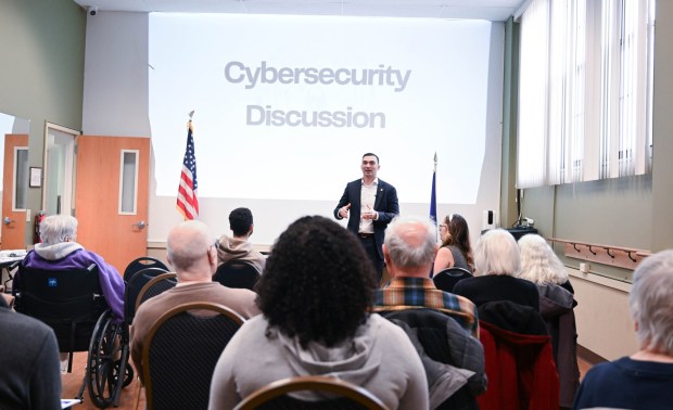State Sen. Nick Miller, D-Lehigh, discuses cybersecurity threats Thursday, March 19, 2026, at Lehigh Valley Active Life in Allentown. He focused on cybersecurity threats affecting the Lehigh Valley, particularly seniors, and discussed a $250,000 grant to help Lehigh and Northampton counties enhance their cybersecurity infrastructure through a partnership with Concurrent Technologies Corp. (Amy Shortell/The Morning Call)