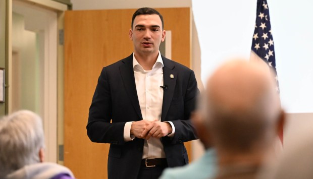 State Sen. Nick Miller, D-Lehigh, discuses cybersecurity threats Thursday, March 19, 2026, at Lehigh Valley Active Life in Allentown. He focused on cybersecurity threats affecting the Lehigh Valley, particularly seniors, and discussed a $250,000 grant to help Lehigh and Northampton counties enhance their cybersecurity infrastructure through a partnership with Concurrent Technologies Corp. (Amy Shortell/The Morning Call)