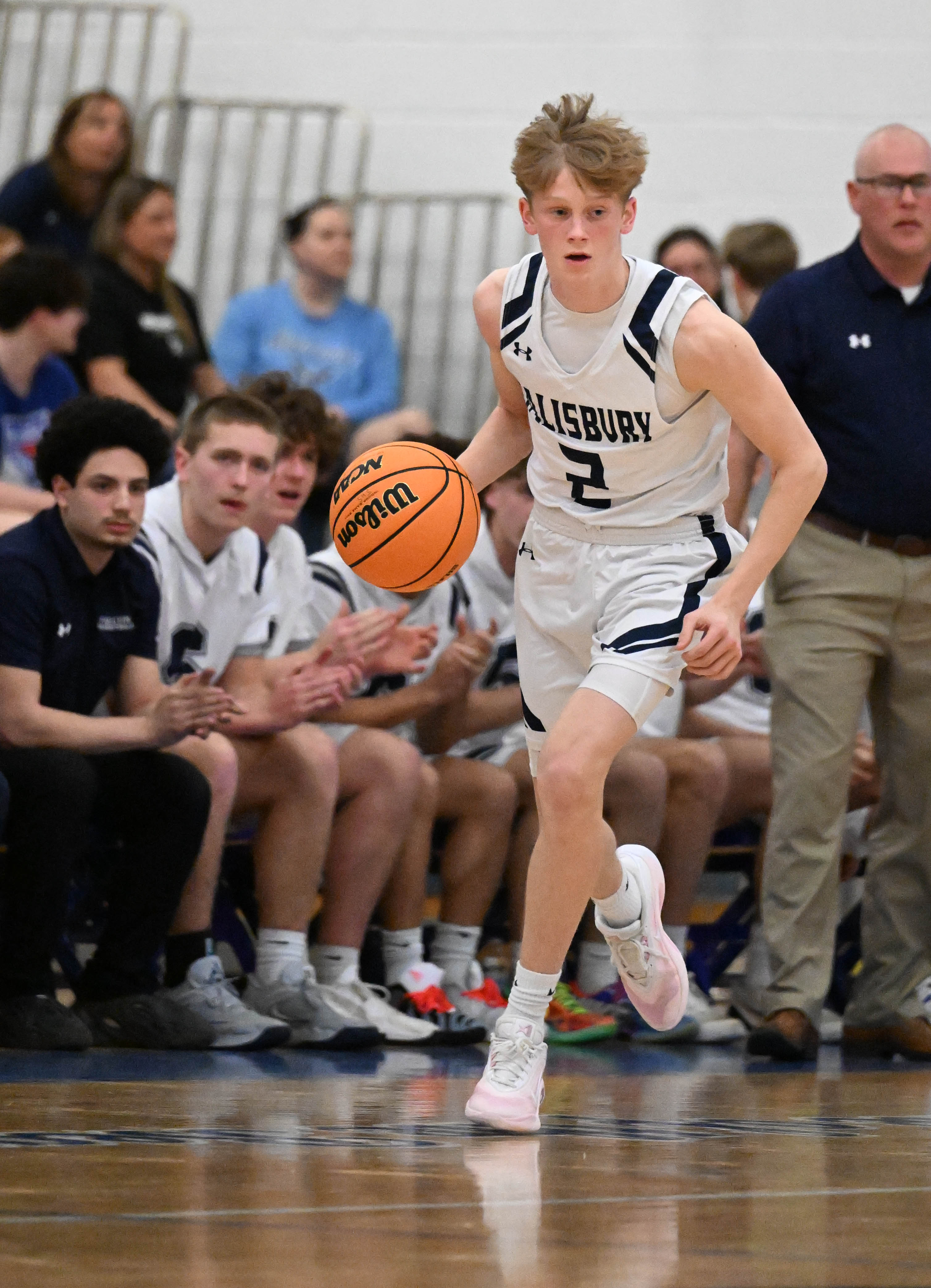 Salisburyâs Garrett Leiner drives down the court Tuesday, March 10,...