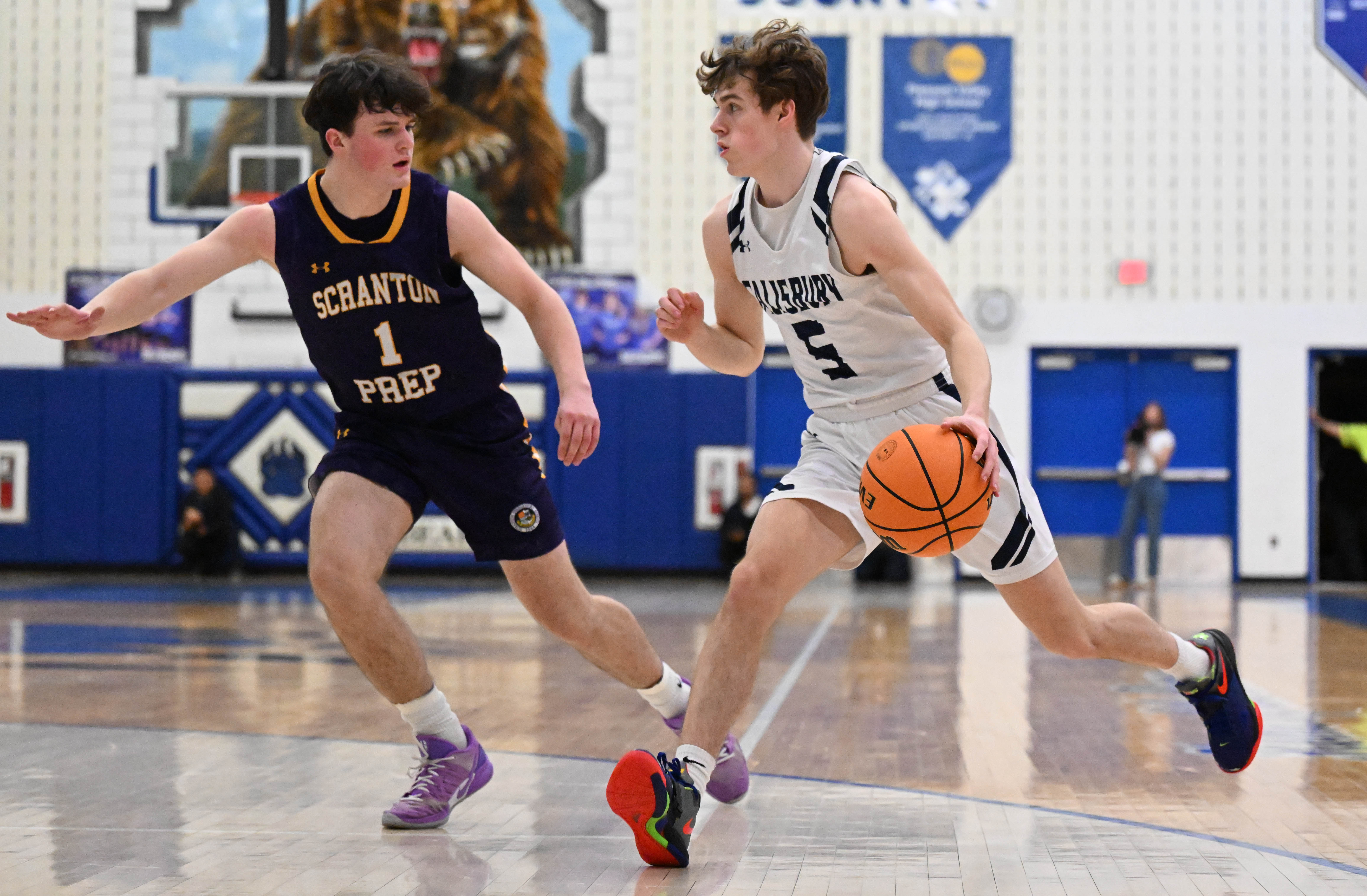 Salisburyâs Drew Petrie is defended by Scranton Prep’s Max McGrath...