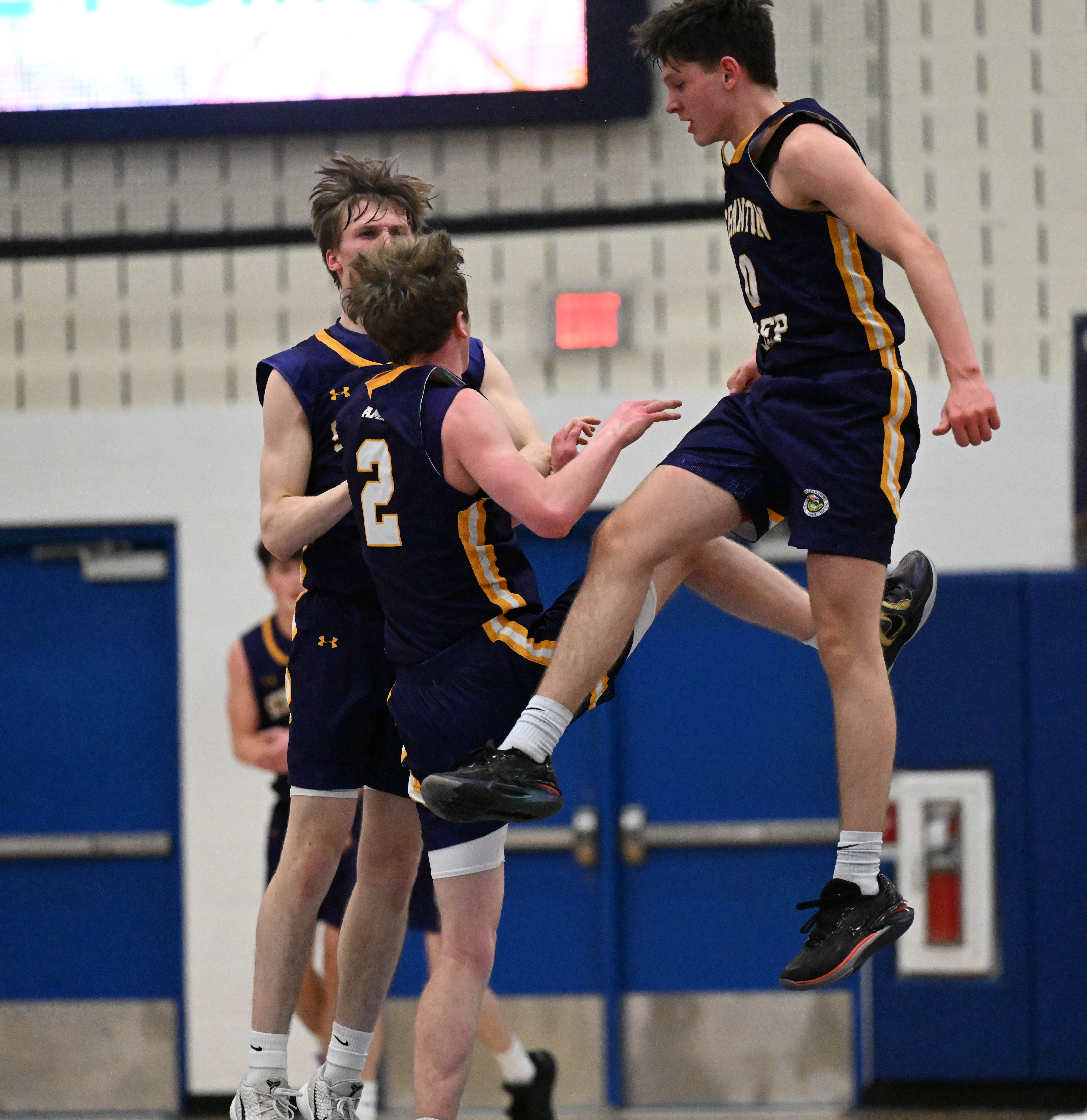 Scranton Prep players celebrate at halftime Tuesday, March 10, 2026,...