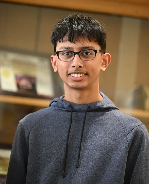 Moravian Academy student Ayush Jain stands at the school Thursday, Feb. 26, 2026, in Bethlehem. Jain and three other students have been named to the inaugural class of the Villars Institute Fellowship Program, and will travel to Switzerland this summer to participate in an international symposium focused on climate change and sustainability solutions.  (Amy Shortell/The Morning Call)