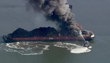 Delaware River barge fire: Crews tackle fire on scrap metal barge