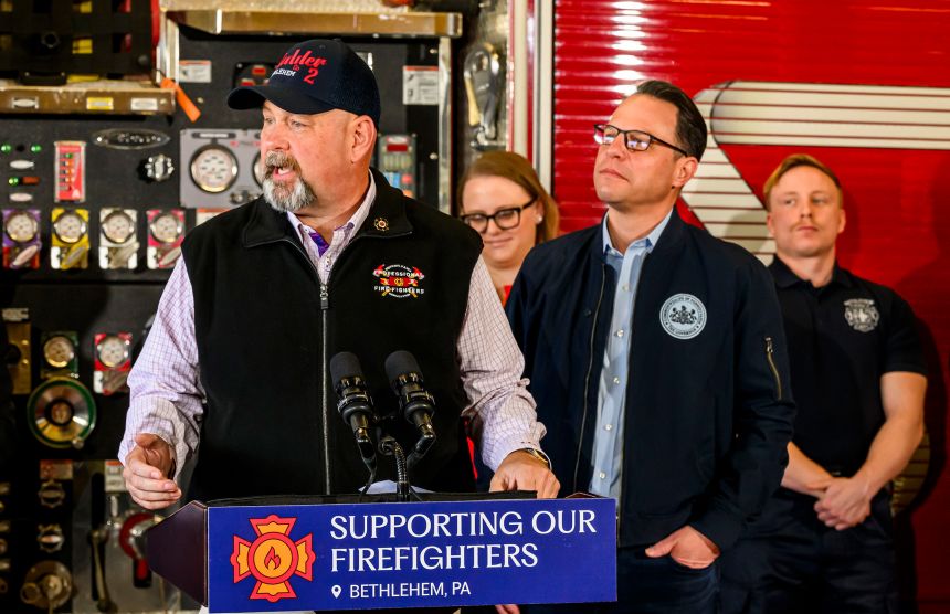 Bob Brooks speaks alongside Gov. Josh Shapiro at the fire department in Bethlehem, Pennsylvania, on April 18, 2025.