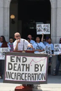 Robert Saleem Holbrook speaks at an April 2024 rally in Harrisburg during Second Chances month. (Photo courtesy of the Abolitionist Law Center)