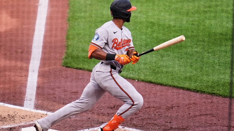 Baltimore Orioles' Leody Taveras singles off Pittsburgh Pirates pitcher Carmen...