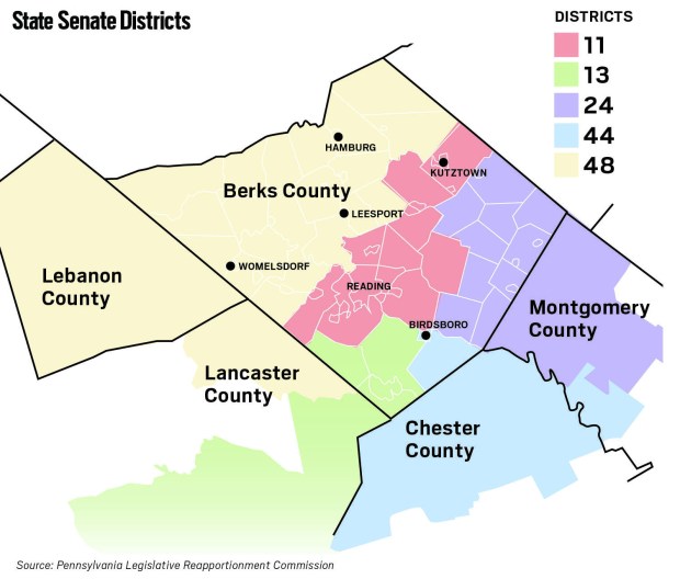 The Pennsylvania Senate districts in Berks County.