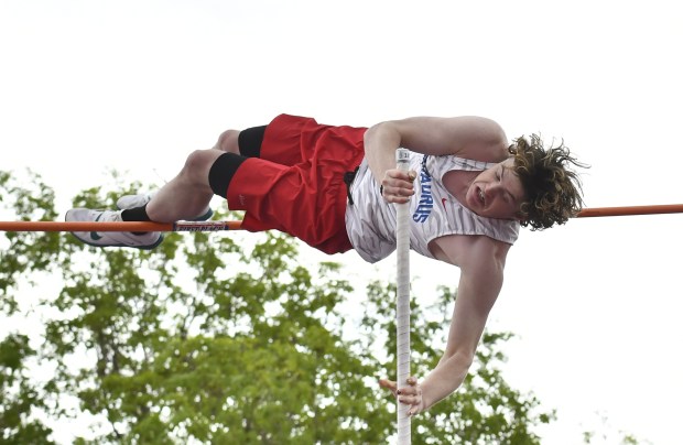 Centaurus' Eli Shore competes in the pole vault during the Boulder County Track Championships at Elizabeth Kennedy Stadium on Apr. 11, 2026. (Alissa Noe/BoCoPreps.com)