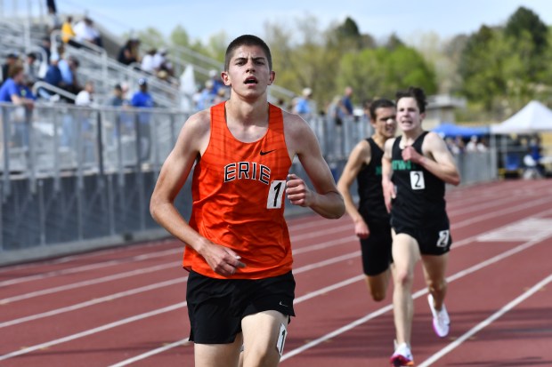 Erie's Brett Michalski wins the 3,200 meter run during the Boulder County Track Championships at Elizabeth Kennedy Stadium on Apr. 11, 2026. (Alissa Noe/BoCoPreps.com)