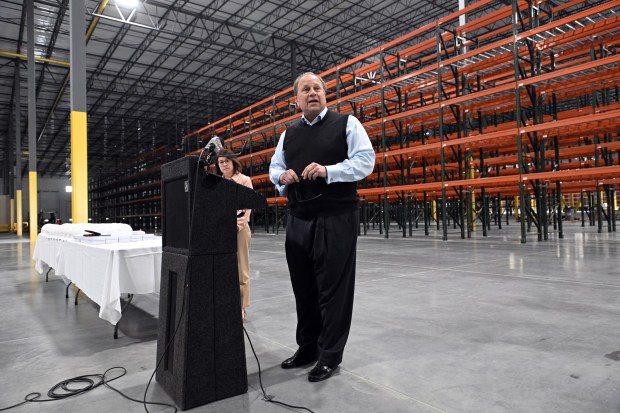 Steve Wolfson, CEO of the Wolfson Group, speaks during a ribbon-cutting ceremony at the East Penn Manufacturing Corporate Distribution Center, 8697 Allentown Pike, Maidencreek Township, on Friday, April 10, 2026. (BILL UHRICH/MEDIANEWS GROUP)
