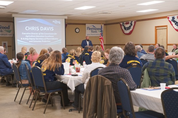 Keynote speaker Chris Davis of the Pennsylvania Department of Agriculture spoke about the importance of giving someone an opportunity during Fleetwood Bank's annual Agricultural Dinner at Oley Fair Centre on March 25. (Photo courtesy of Angela Cremer, Fleetwood Bank)