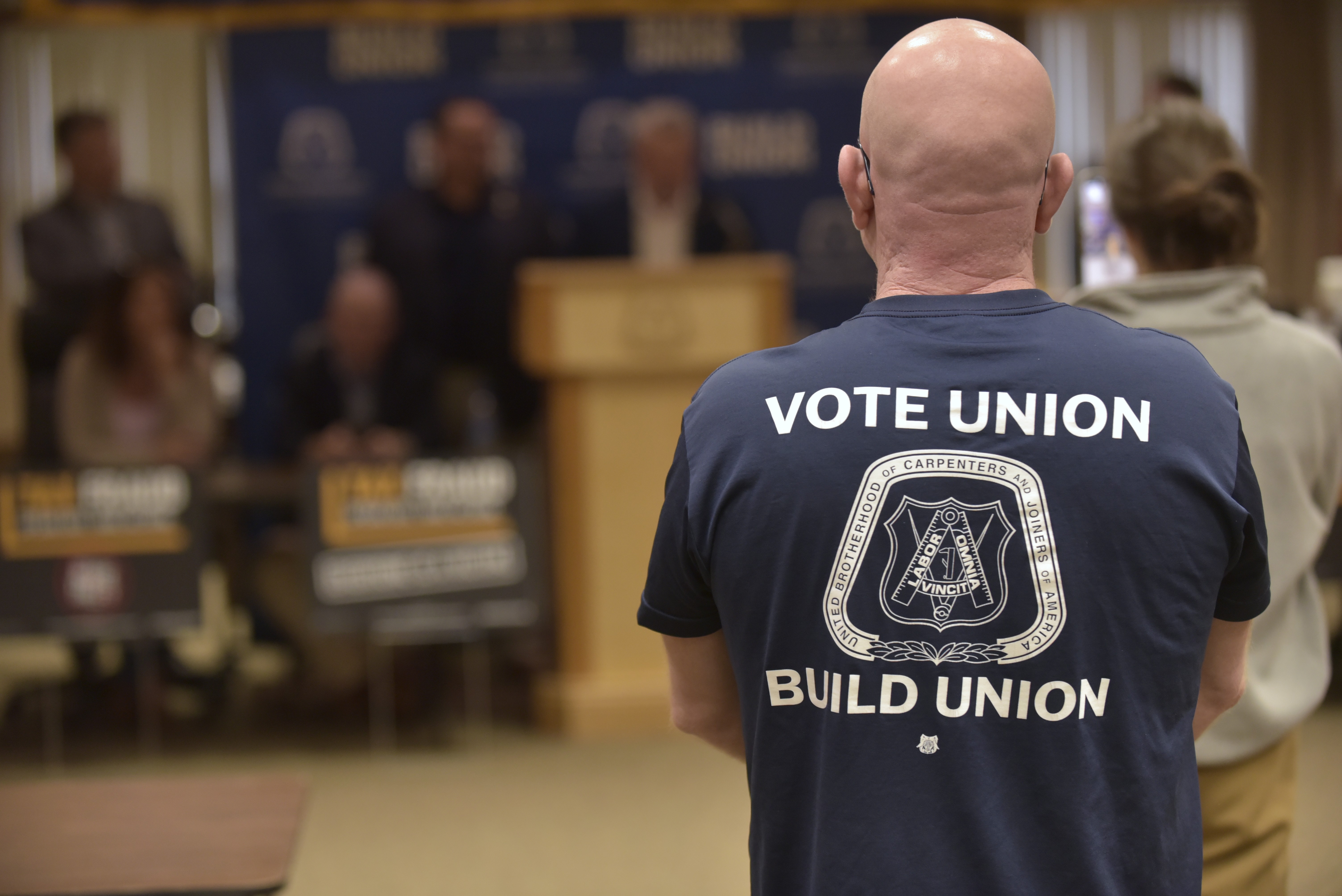 Union workers and supporters gather Thursday, April 16, 2026, at...