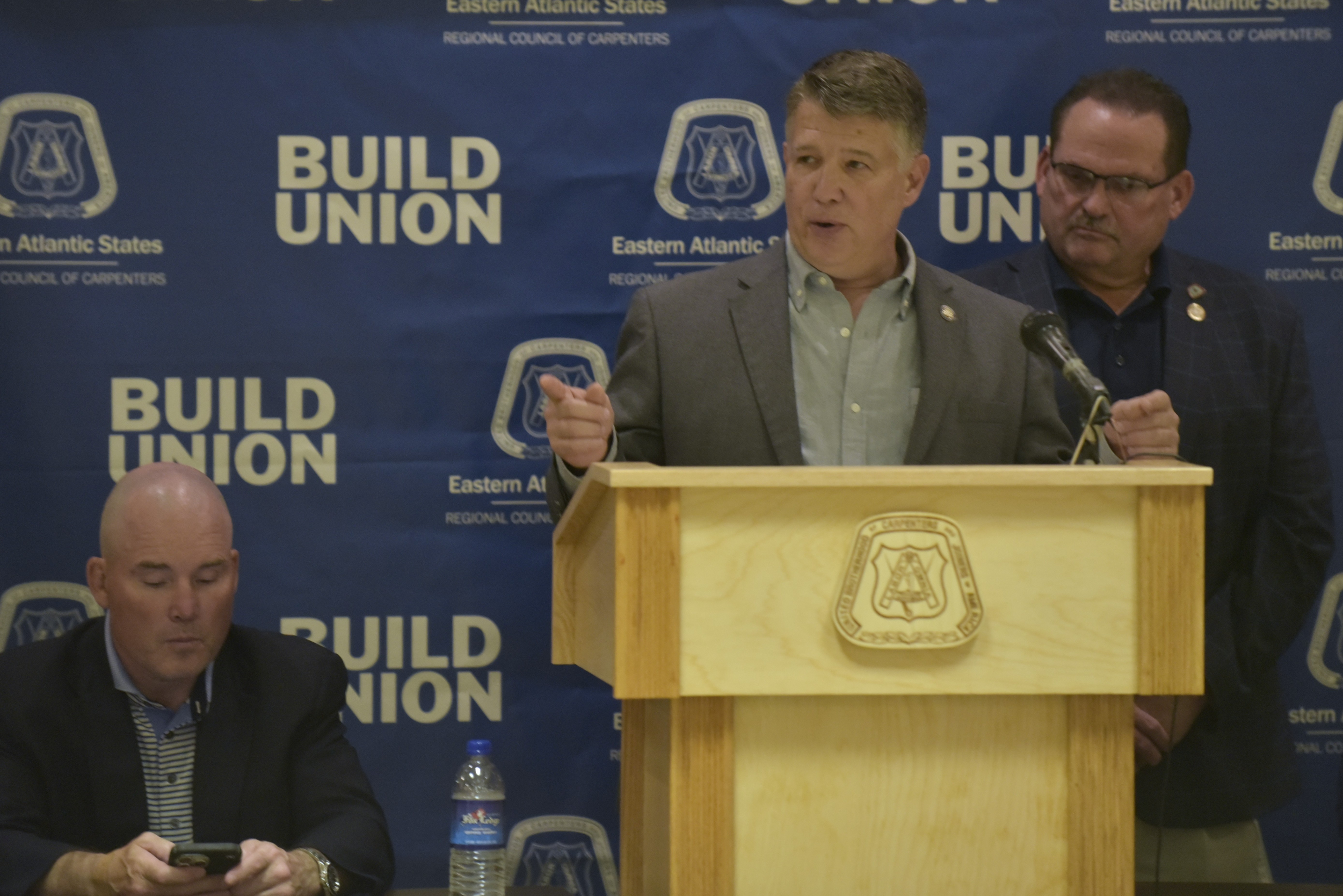 Jim Haddock, D-118, Pittston Twp., addresses union workers and supporters...