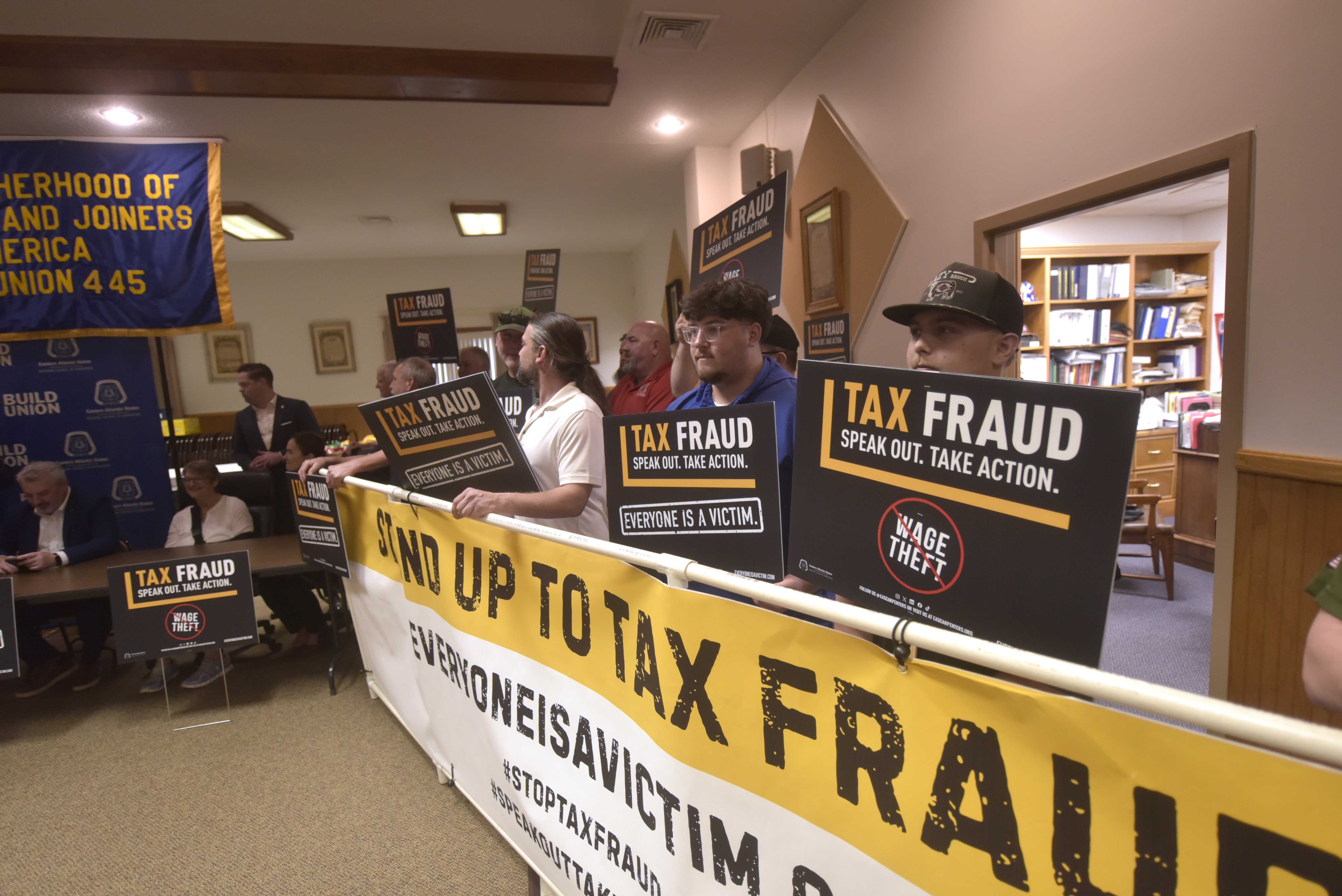 Union workers and supporters gather Thursday, April 16, 2026 at...