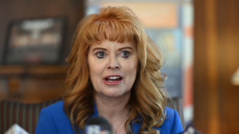 Pennsylvania state Treasurer Stacy Garrity speaks during a news conference...