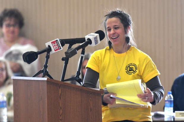 Archbald resident Tamara Misewicz-Healey prepares for remarks during the special meeting on data center applications at the Archbald Borough Building in Archbald Friday, March 27, 2026. Healey and her husband founded the Stop Archbald Data Centers Facebook group. (SEAN MCKEAG / STAFF PHOTOGRAPHER)