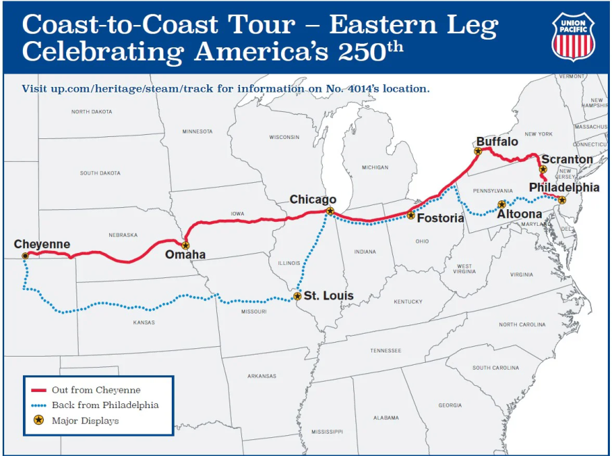The eastern leg of Big Boy No. 4014's coast-to-coast tour starts May 25 from Cheyenne, Wyoming.