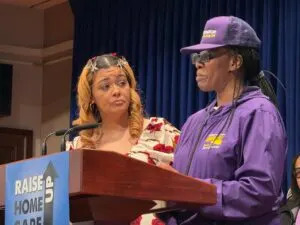 Suzanne Ott, left, and Cheryl Harp are both home care workers and shared how increased wages benefited them personally. (Photo by Whitney Downard/Pennsylvania Capital-Star)