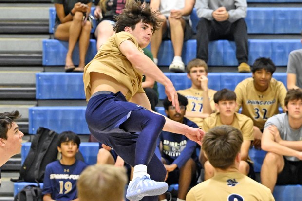Ethan Smith notched 12 kills and seven digs in Spring-Ford's 3-2 win over visiting Lower Merion on April 16, 2026. (Photo by Joe Evans/JoeEvansPictures.com)
