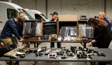 Officials set up evidence collected during the recent Cumberland Street crew raids for a news conference April 1, 2026.