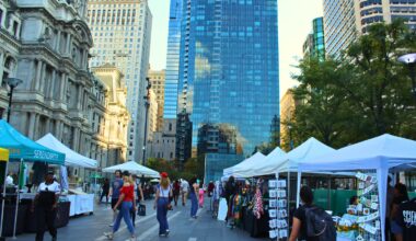 Locals browse as vendors sell handmade goods, artwork and specialty foods at Dilworth Park during the Made in Philadelphia Spring Market in Center City.