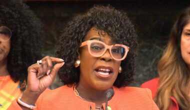 Mayor Cherelle Parker speaks about her proposed $1 rideshare tax to fund the School District of Philadelphia on Wednesday, April 15, 2026, at City Hall.