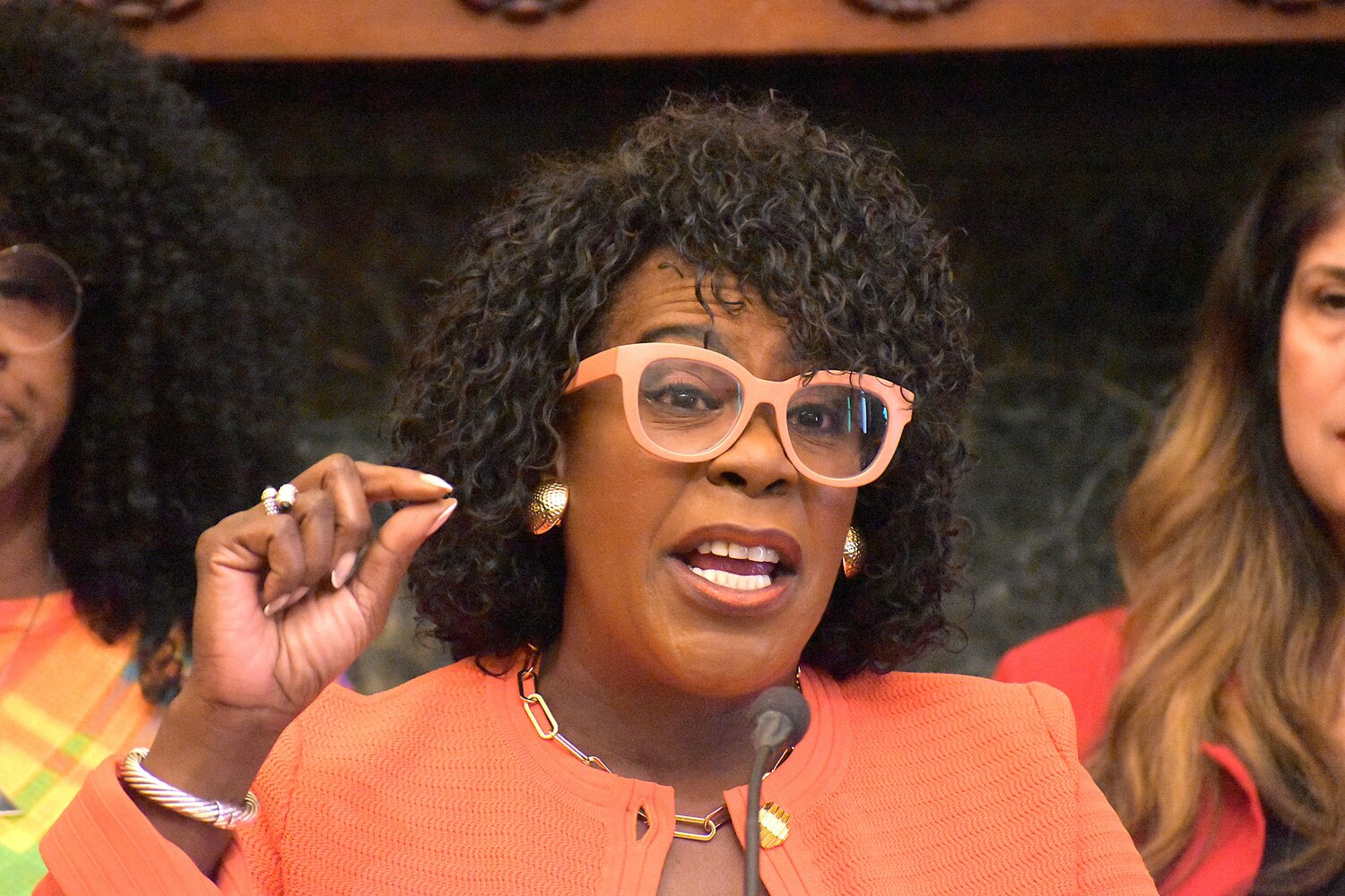 Mayor Cherelle Parker speaks about her proposed $1 rideshare tax to fund the School District of Philadelphia on Wednesday, April 15, 2026, at City Hall.
