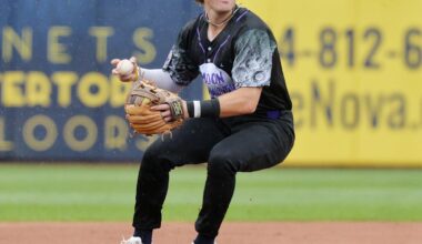 Erie SeaWolves batter Justice Bigbie fouls off a pitch against the Harrisburg Senators on opening day at UPMC Park in Erie on April 4, 2025. Bigbie returns as an Erie outfielder in 2026.