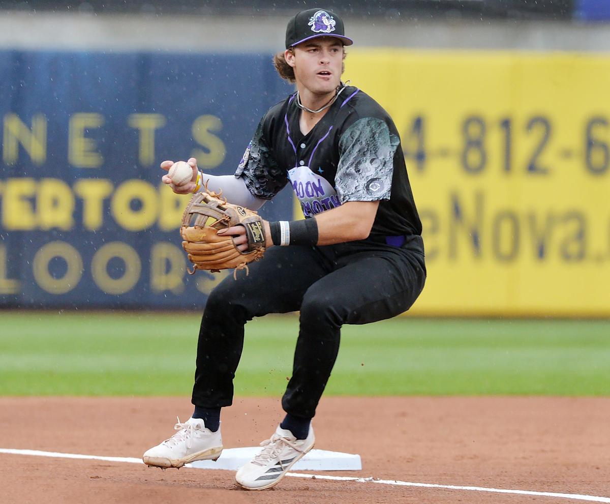 Erie SeaWolves batter Justice Bigbie fouls off a pitch against the Harrisburg Senators on opening day at UPMC Park in Erie on April 4, 2025. Bigbie returns as an Erie outfielder in 2026.