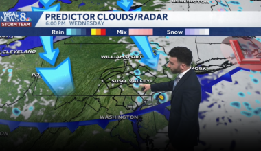 Partly sunny and warmer, isolated shower chance this afternoon in south-central Pennsylvania
